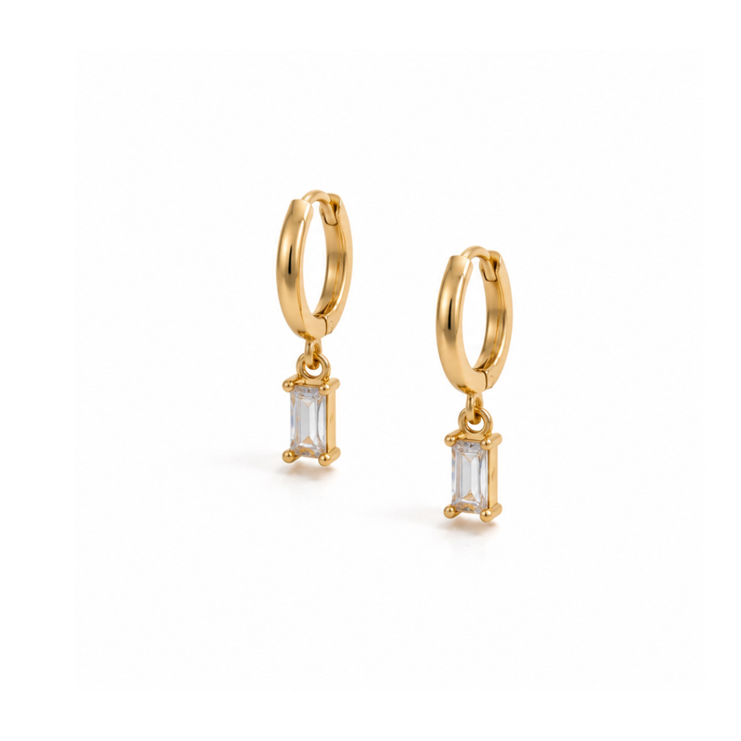 Gold Plated Baguette CZ Drop Hoops