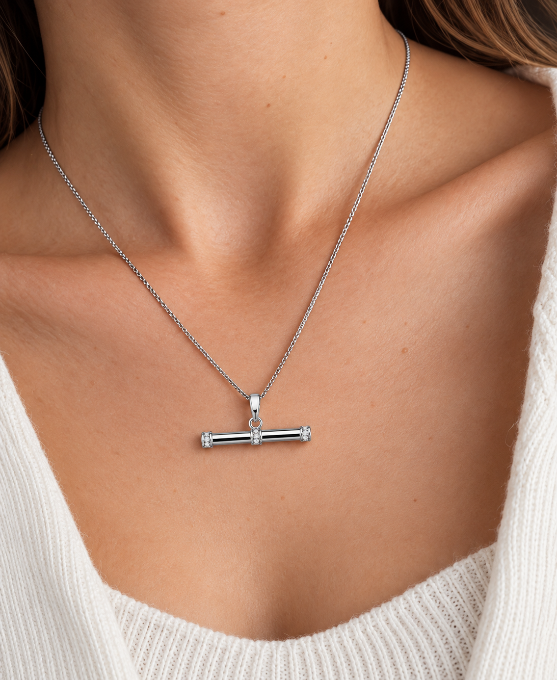 Silver Large CZ T-Bar necklace, alternate view
