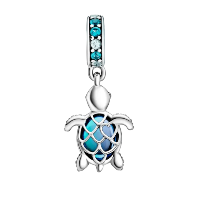 Silver turtle charm with blue accents on a white background