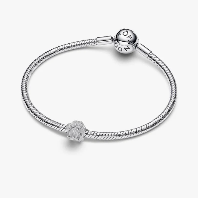 A silver snake-braided bracelet with a round charm engraved with 'PANDORA' and a textured paw-print charm, displayed on a clean white background.