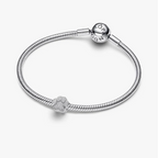 A silver snake-braided bracelet with a round charm engraved with 'PANDORA' and a textured paw-print charm, displayed on a clean white background.