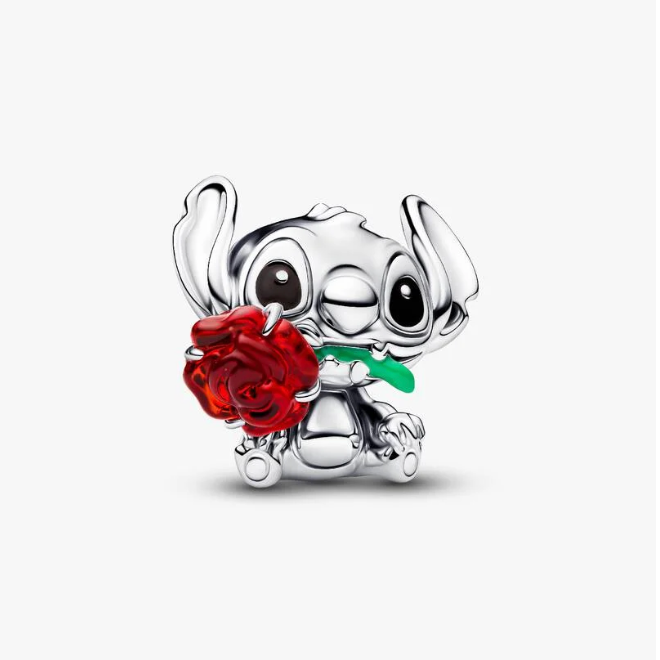 A silver charm shaped like Stitch holding a red rose with a green stem, shown on a clean white background.