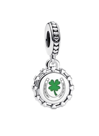 A silver charm dangle featuring a green four-leaf clover and horseshoe design on a white circular face, with a heart-patterned top loop, shown against a light gray background.