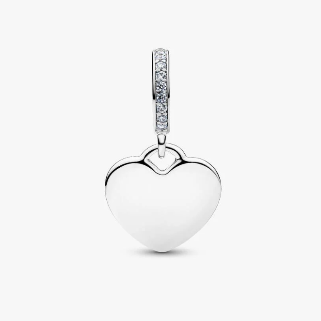 A silver heart-shaped pendant charm with a pavé-set diamond bail, shown on a clean white background.