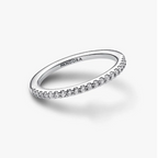 A silver Pandora ring with a row of small clear stones along the front, photographed on a clean white background.