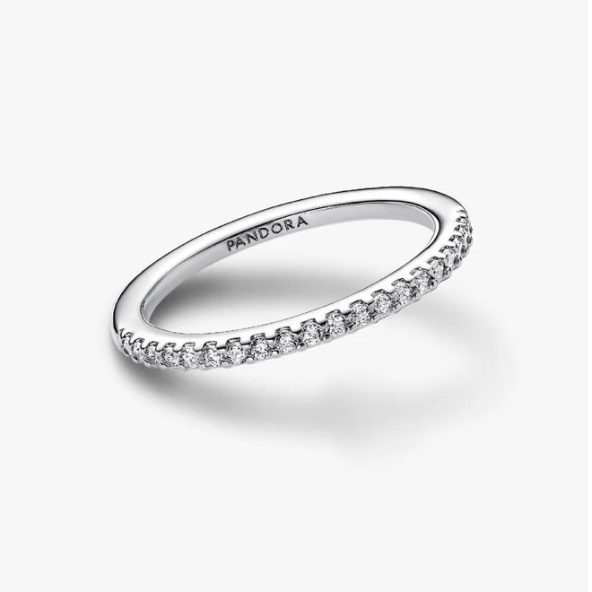 A silver Pandora ring with a row of small clear stones along the front, photographed on a clean white background.