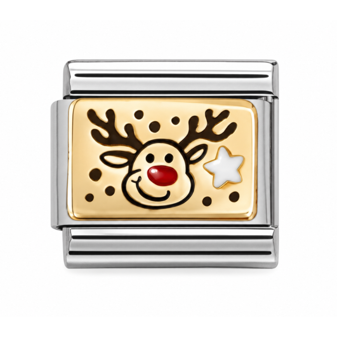 A rectangular silver-toned charm link featuring a gold-toned front panel with a cartoon reindeer face, black antlers and dots, a red nose, and a white star.