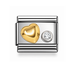 A rectangular silver-toned charm link featuring a polished gold heart and a small round clear stone, shown on a clean white background.