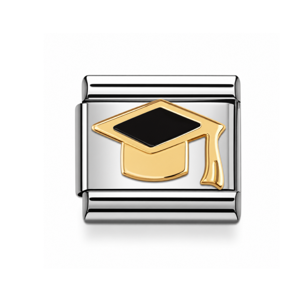 A silver-toned rectangular charm link featuring a gold-toned graduation cap with a black center, shown on a clean white background.