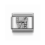 A rectangular silver charm link featuring the word 'LOVE' spelled out in 3D letters, each adorned with small clear rhinestones, set against a plain white background.