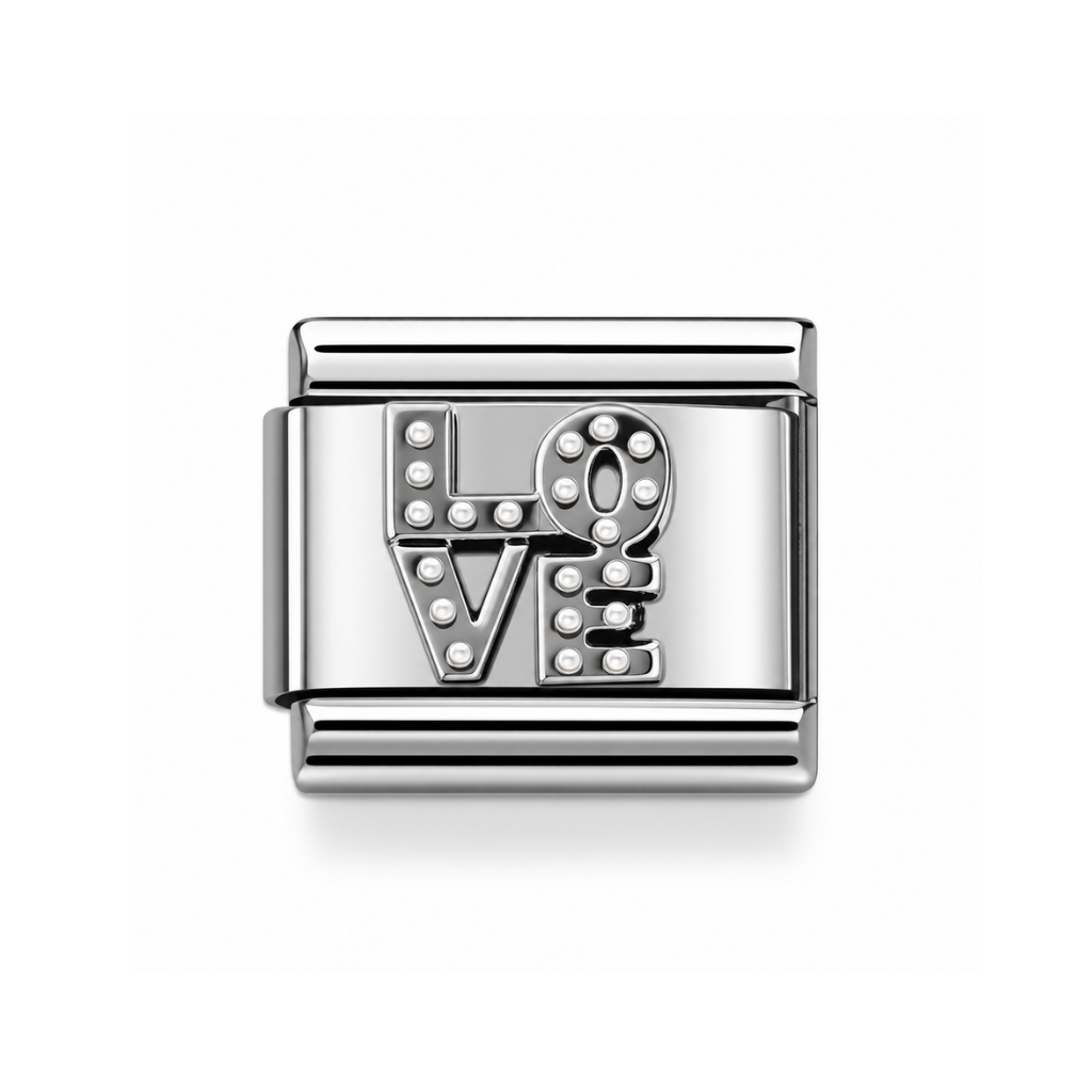 A rectangular silver charm link featuring the word 'LOVE' spelled out in 3D letters, each adorned with small clear rhinestones, set against a plain white background.