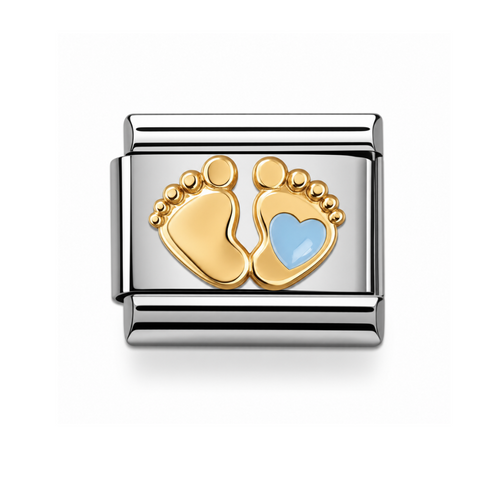 A silver-toned rectangular charm link featuring a gold baby footprint design with a light blue heart accent on one footprint, shown on a clean white background.