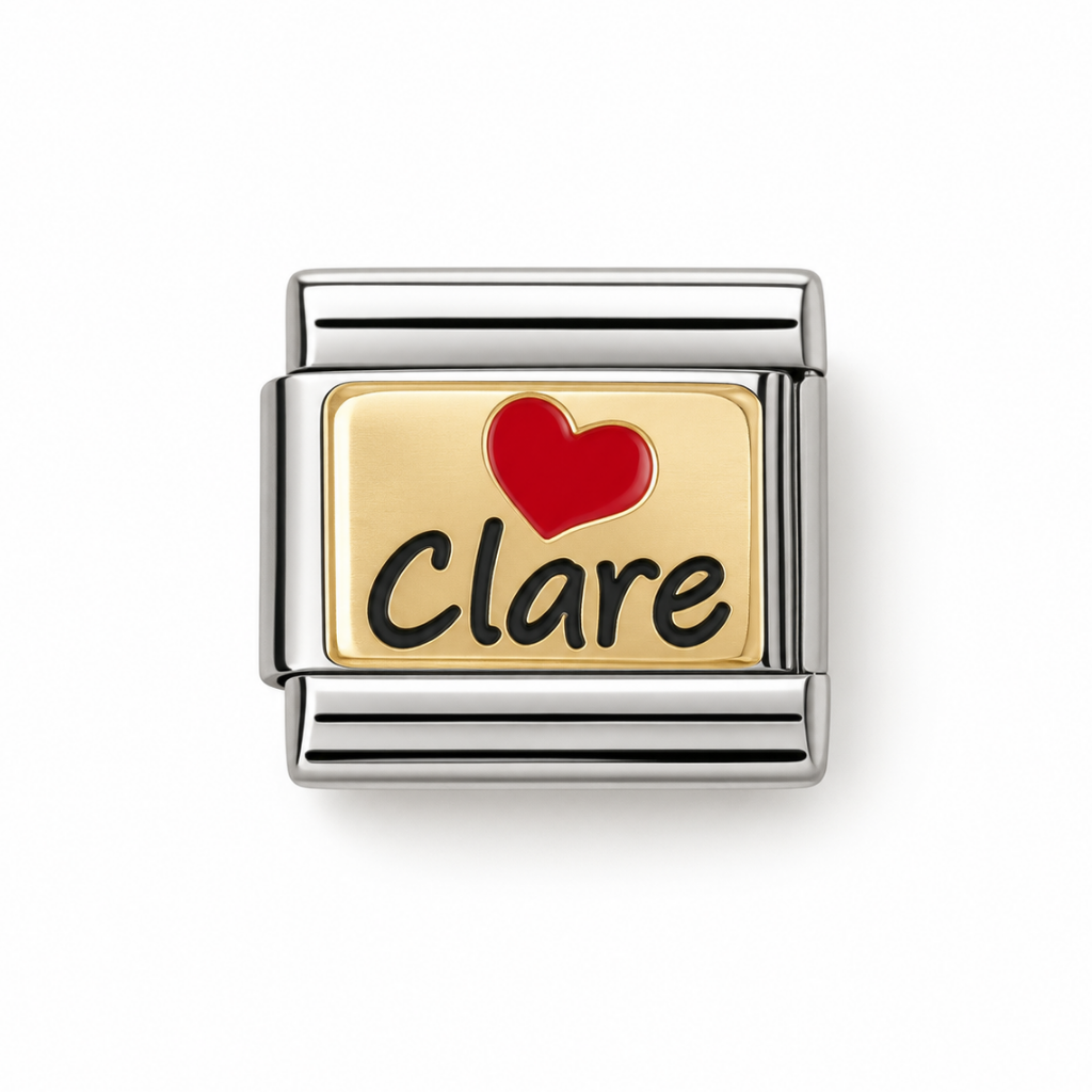 A silver-tone Italian charm link with a gold-tone faceplate featuring a red heart and the name 'Clare' in black script.