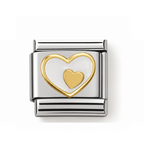 A rectangular silver-toned metal charm link featuring a gold heart design with a smaller gold heart inside, set against a plain white background.