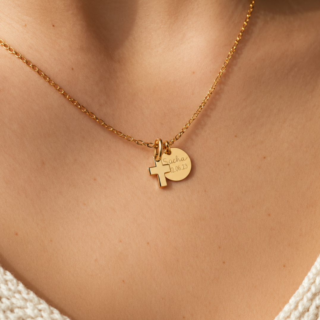 Small Disc and Cross Pendant necklace, alternate view