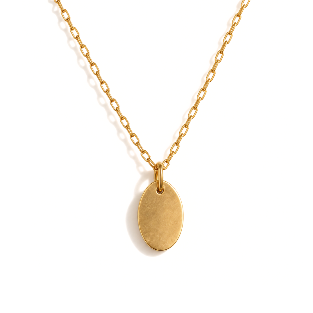 Golden Oval Disc Pendant, engravable personalised necklace