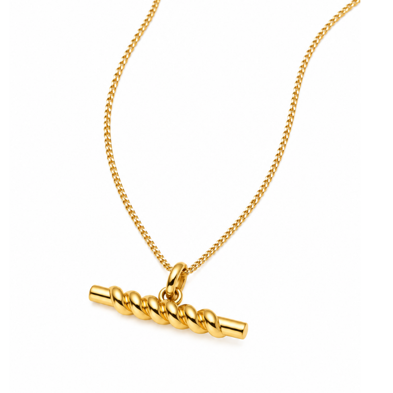 Gold Plated Twist T-Bar necklace, detail