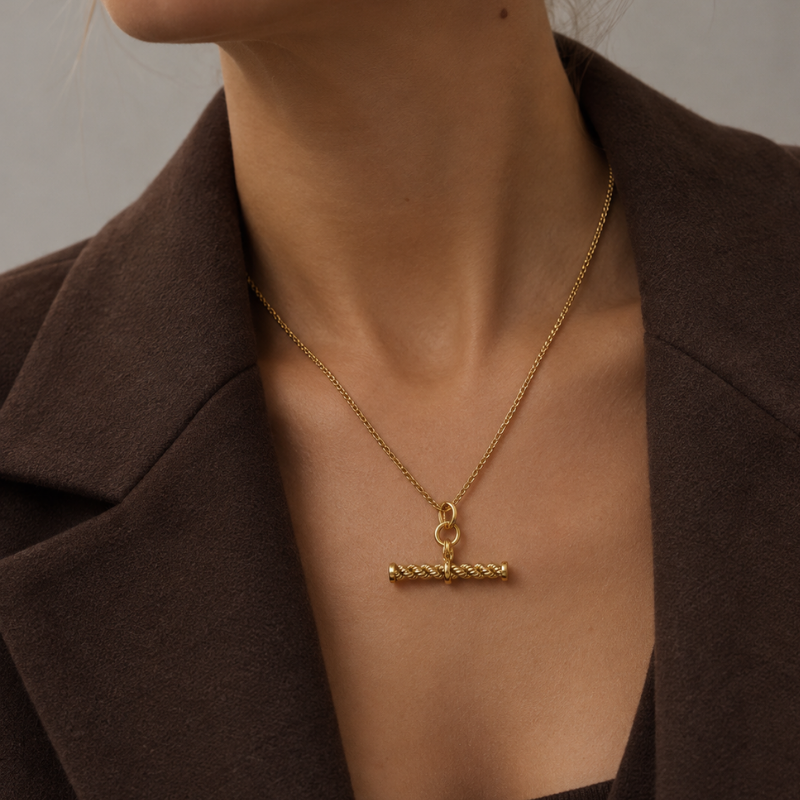 Gold Plated Rope T-Bar necklace, alternate view