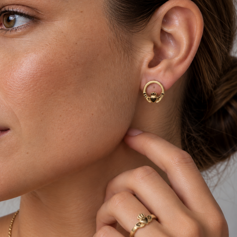 Gold Plated Claddagh Stud Earrings, alternate view