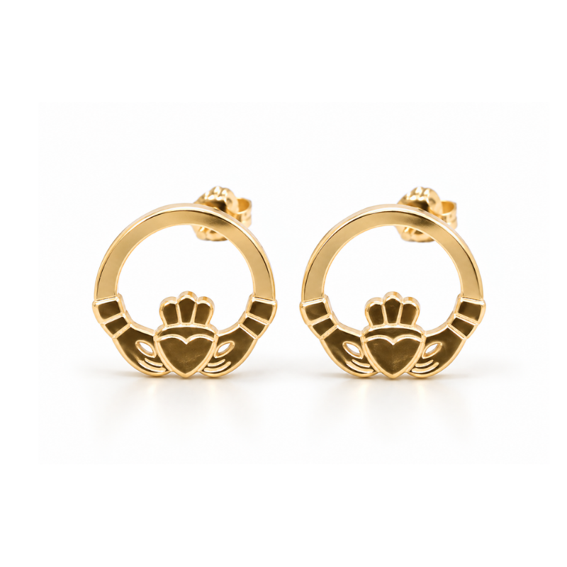 A pair of gold Claddagh earrings studs 