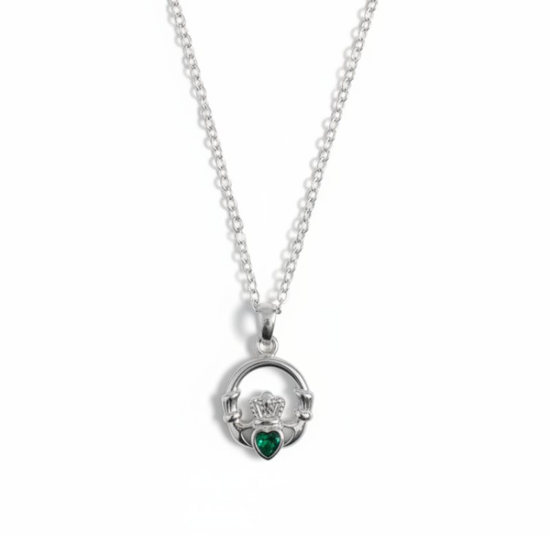 Emerald Green Claddagh Pendant in sterling silver