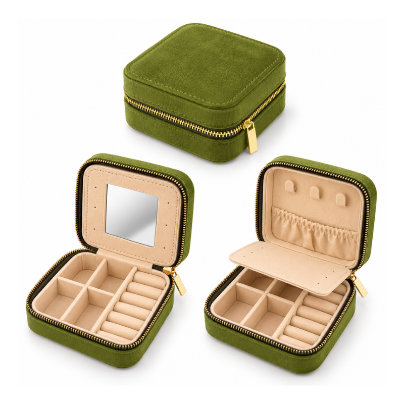 Olive Green Travel Jewellery Box with Mirror
